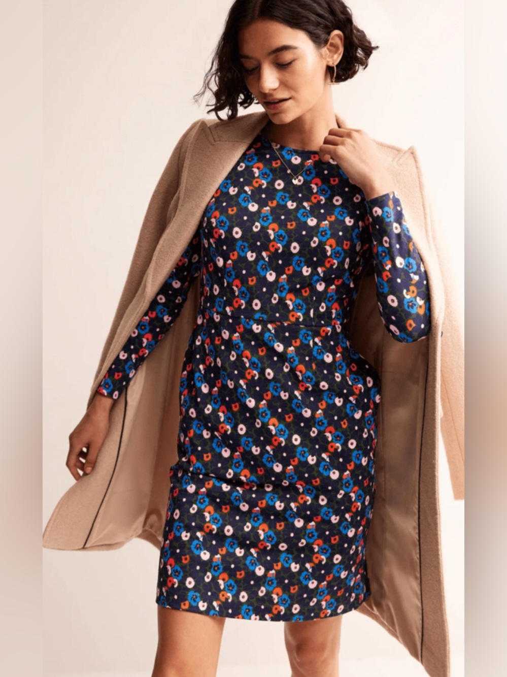 Boden Navy Floral Long Sleeve Sheath Midi Dress with Red, Pink & Blue Flowers